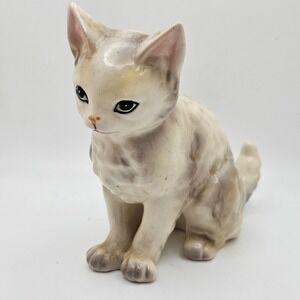 Vintage Japan Ceramic Cat Figurine 4" Cream Brown Spotted Kitty Big Eyes MCM
